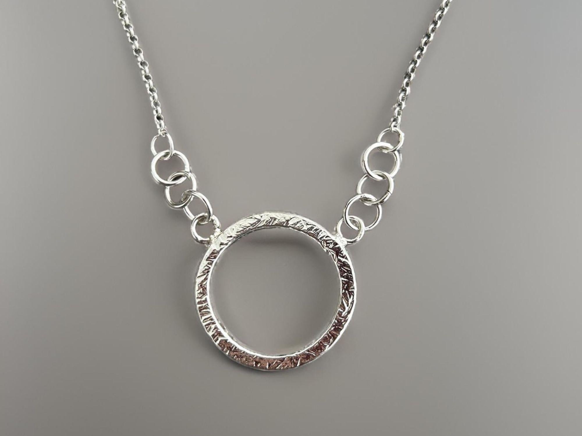 925 Sterling Silver • Circle Pendant Necklace • Minimalist Textured Design • Adjustable Chain • Handmade Chain