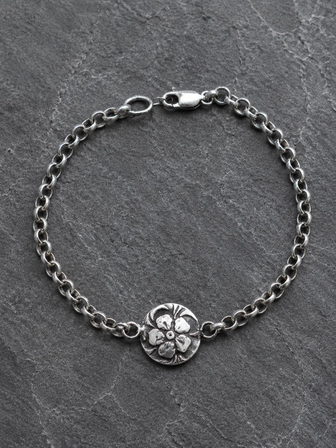 Sterling Silver Flower Charm Bracelet | Oxidized 925 Rolo Chain Jewelry