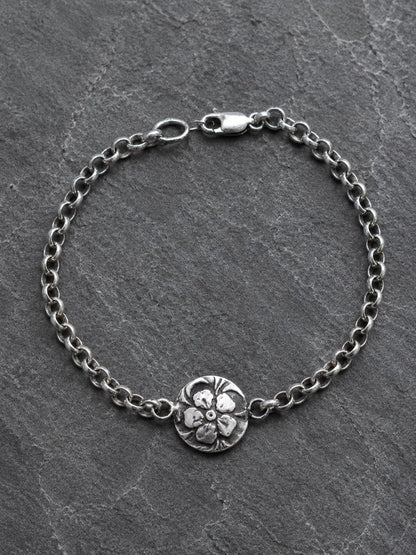 Sterling Silver Flower Charm Bracelet | Oxidized 925 Rolo Chain Jewelry