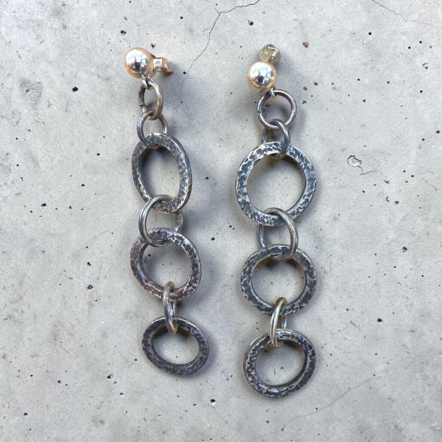 Fine Silver Dangle  Chain Earrings, Oxidized, Rustic Design