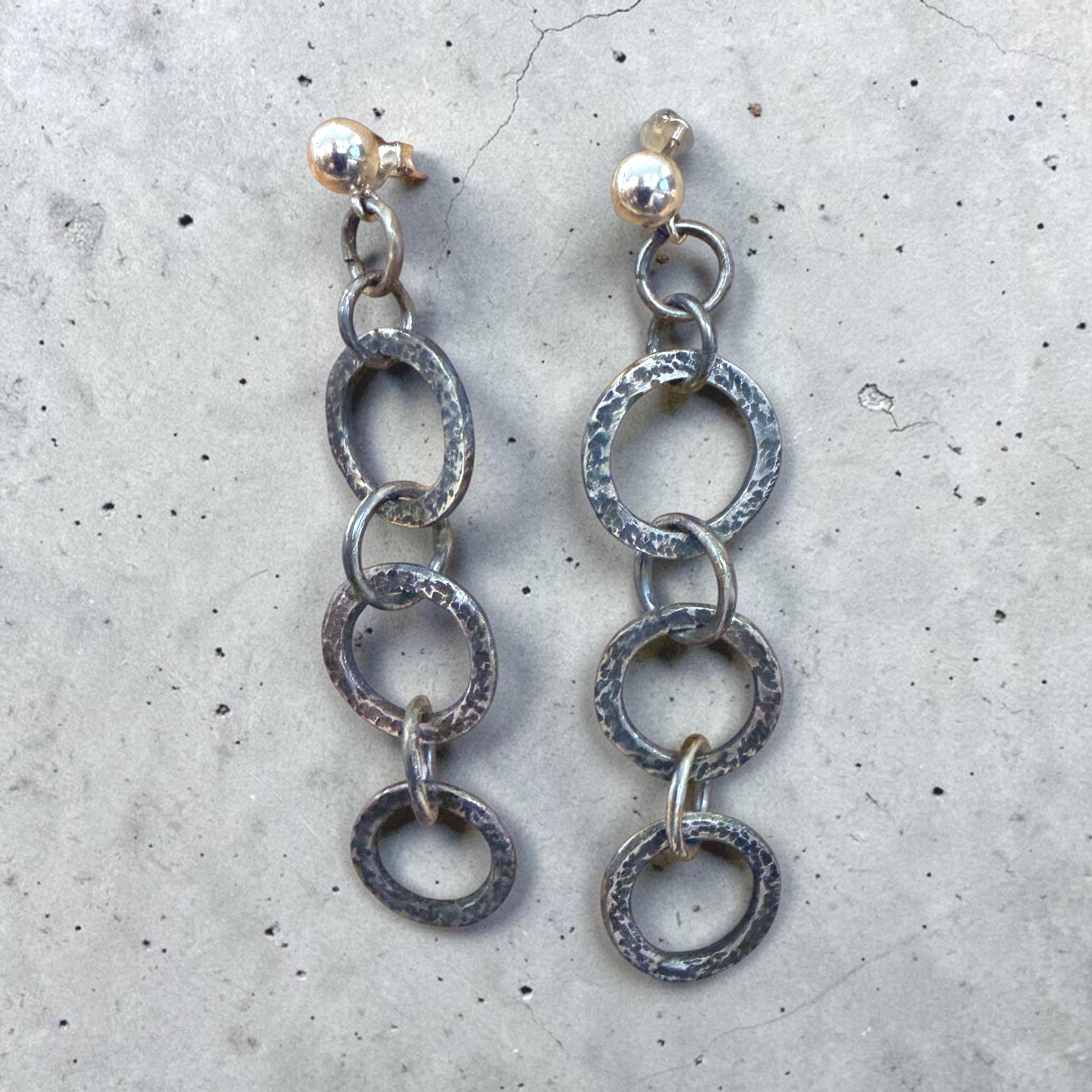 Fine Silver Dangle  Chain Earrings, Oxidized, Rustic Design