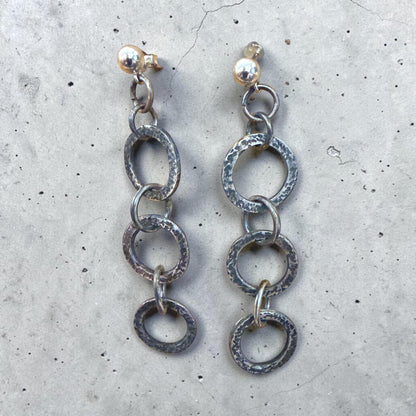 Fine Silver Dangle  Chain Earrings, Oxidized, Rustic Design