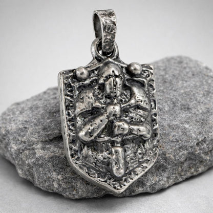 Sterling Silver Knight Pendant, Oxidized Templar Warrior Necklace, Medieval Jewelry