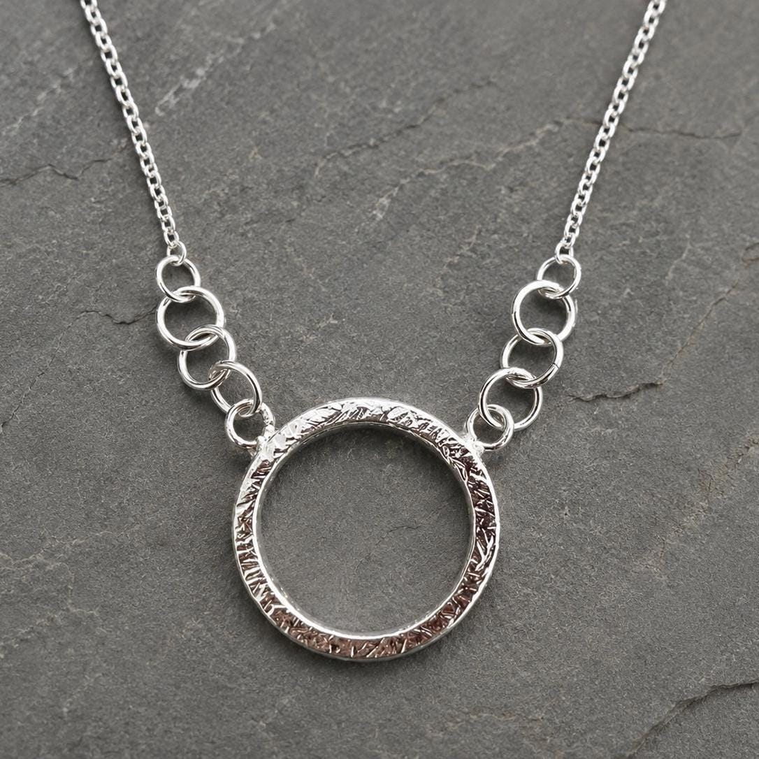 925 Sterling Silver • Circle Pendant Necklace • Minimalist Textured Design • Adjustable Chain • Handmade Chain