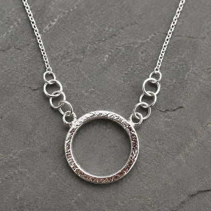 925 Sterling Silver • Circle Pendant Necklace • Minimalist Textured Design • Adjustable Chain • Handmade Chain