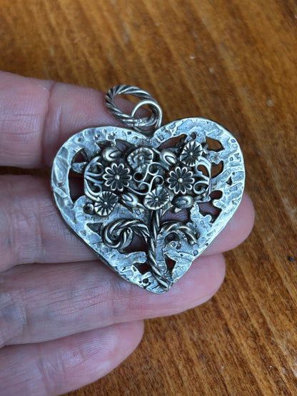 Sterling Silver Heart Pendant – Oxidized Artisan Jewelry, Flower jewelry