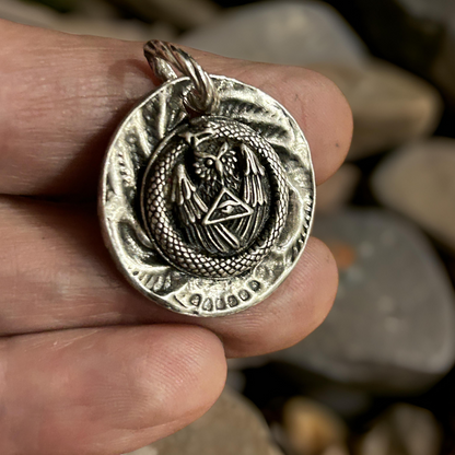 Handmade Sterling Silver Pendant – Owl and Serpent Design with All-Seeing Eye Symbol