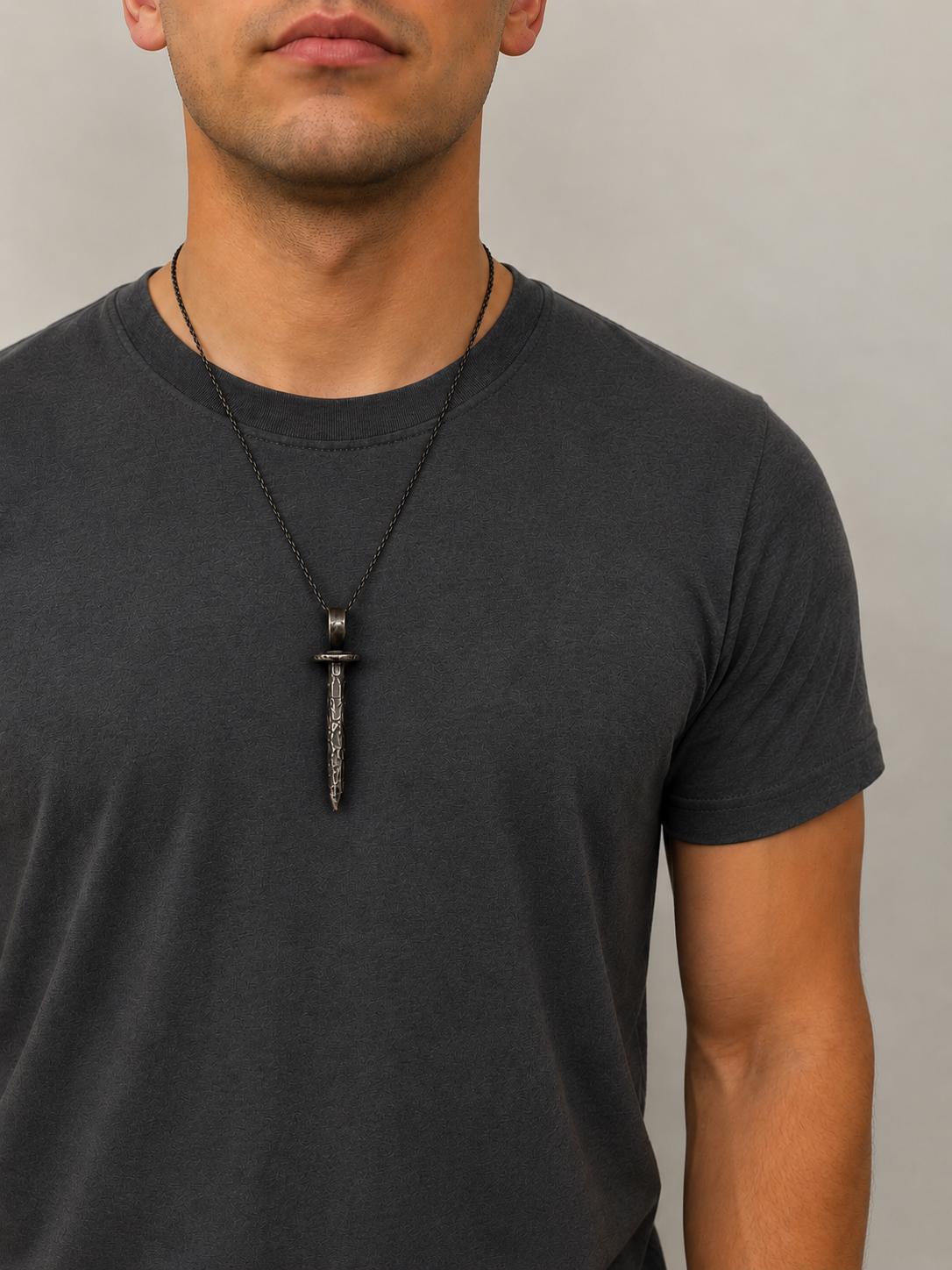 Sterling Silver Coffin Nail Pendant: Oxidized Stake Necklace