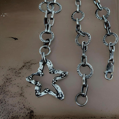 Artisan Star Necklace – Handmade 925 Sterling Pendant – Oxidized Statement Chain - Rustic silver chain