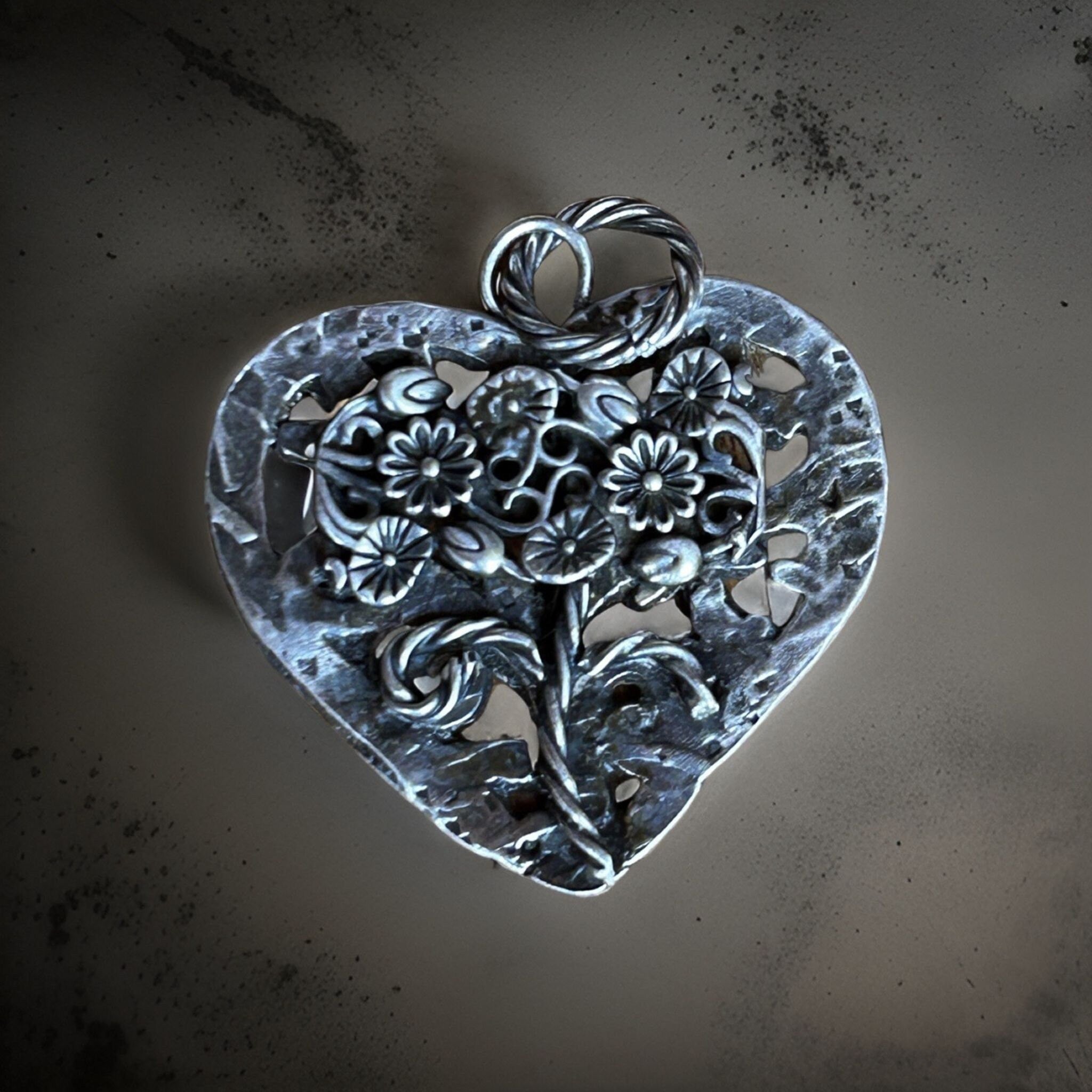Sterling Silver Heart Pendant – Oxidized Artisan Jewelry, Flower jewelry