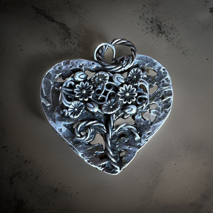Sterling Silver Heart Pendant – Oxidized Artisan Jewelry, Flower jewelry