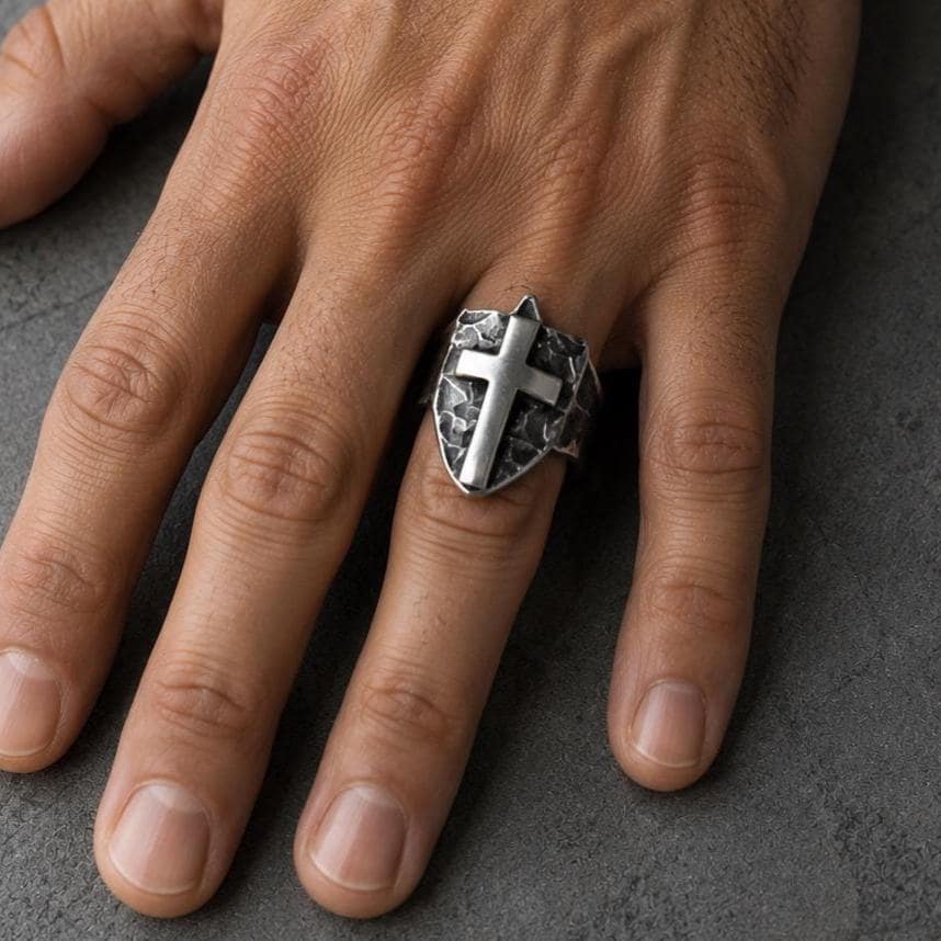 Sterling Silver Cross Shield Ring |  Oxidized Men&