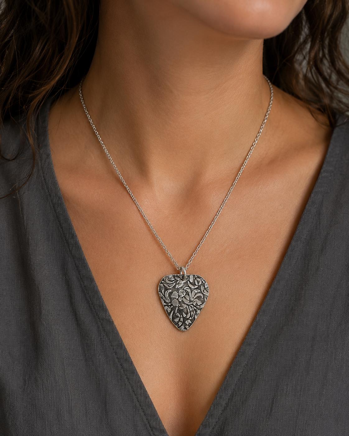Sterling Silver Guitar Pick Pendant – Floral Engraved, Oxidized Music Jewelry