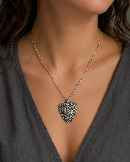 Sterling Silver Guitar Pick Pendant – Floral Engraved, Oxidized Music Jewelry
