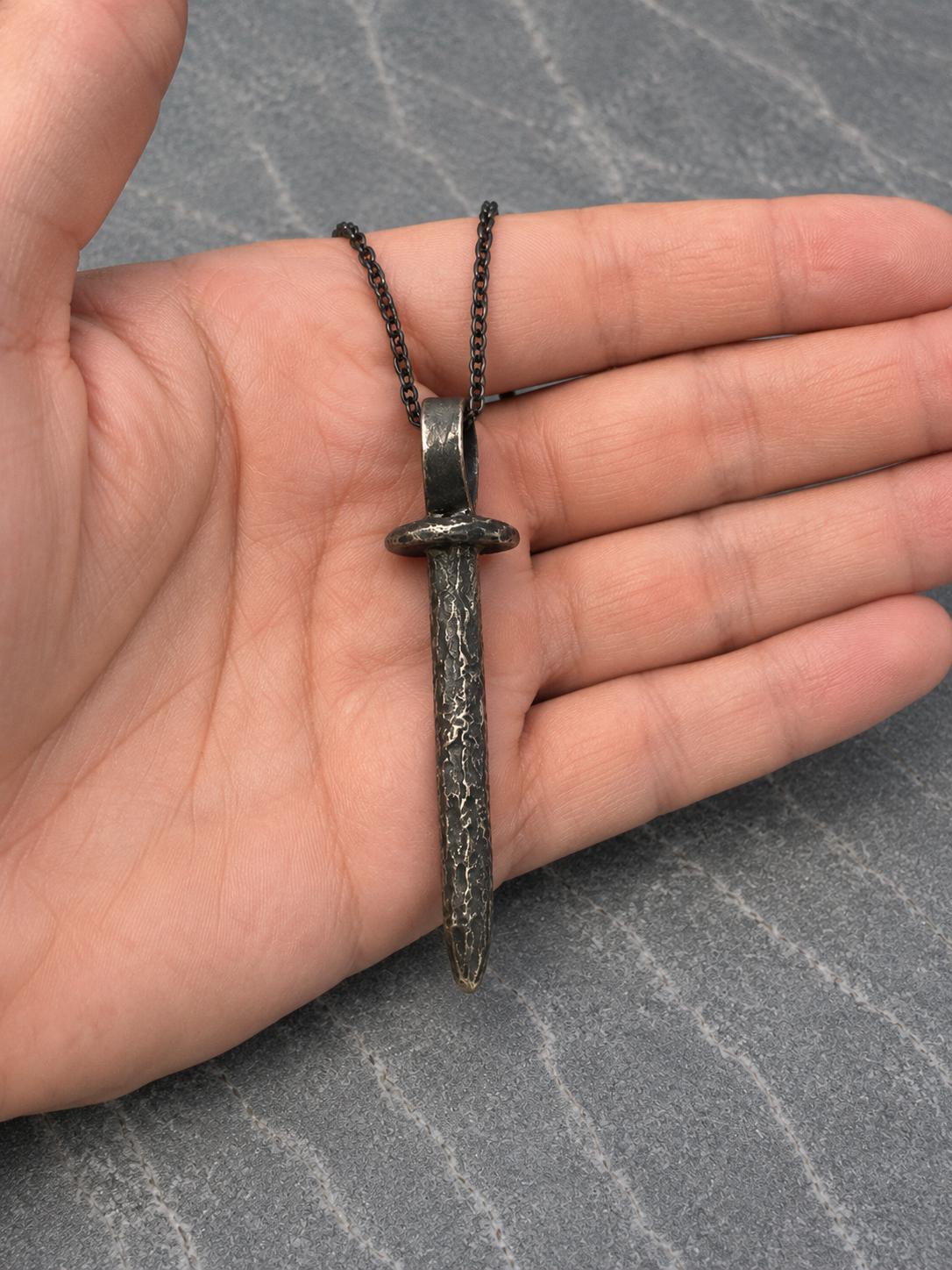 Sterling Silver Coffin Nail Pendant: Oxidized Stake Necklace