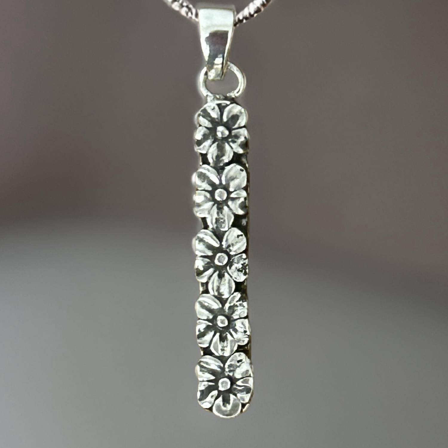 Silver Flower Bar Pendant Floral Jewelry Garden Flowers Necklace