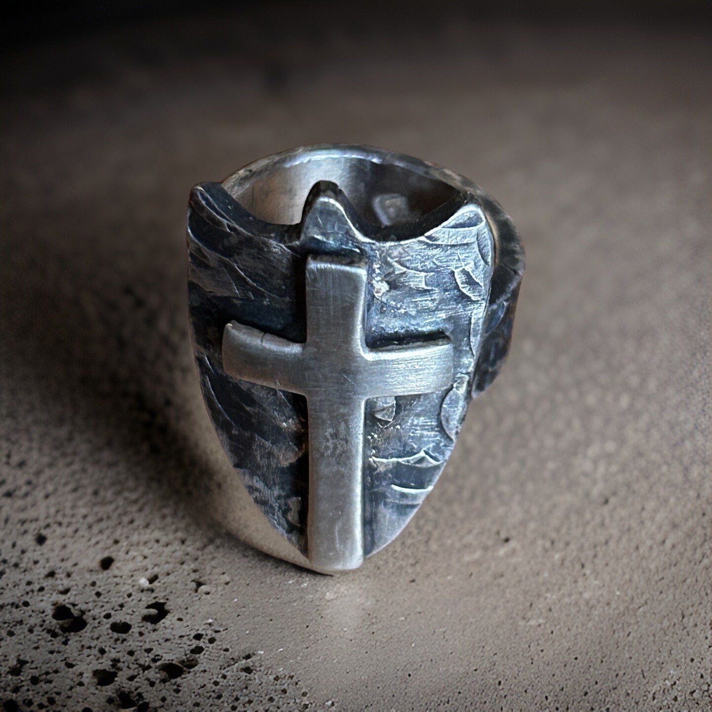 Sterling Silver Cross Shield Ring |  Oxidized Men&