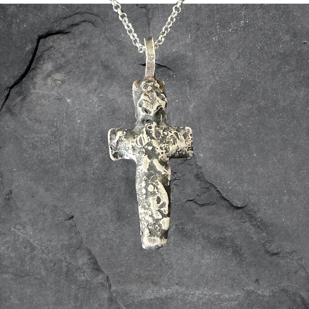 Fine Silver Cross Pendant | Rustic Oxidized Artisan Necklace, 5mm Thick