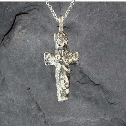 Fine Silver Cross Pendant | Rustic Oxidized Artisan Necklace, 5mm Thick