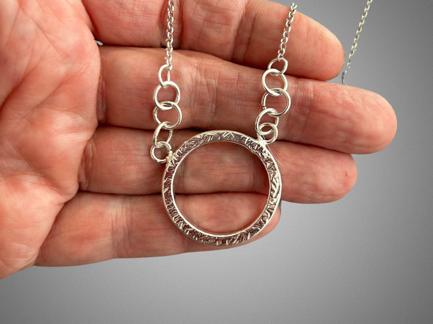 925 Sterling Silver • Circle Pendant Necklace • Minimalist Textured Design • Adjustable Chain • Handmade Chain