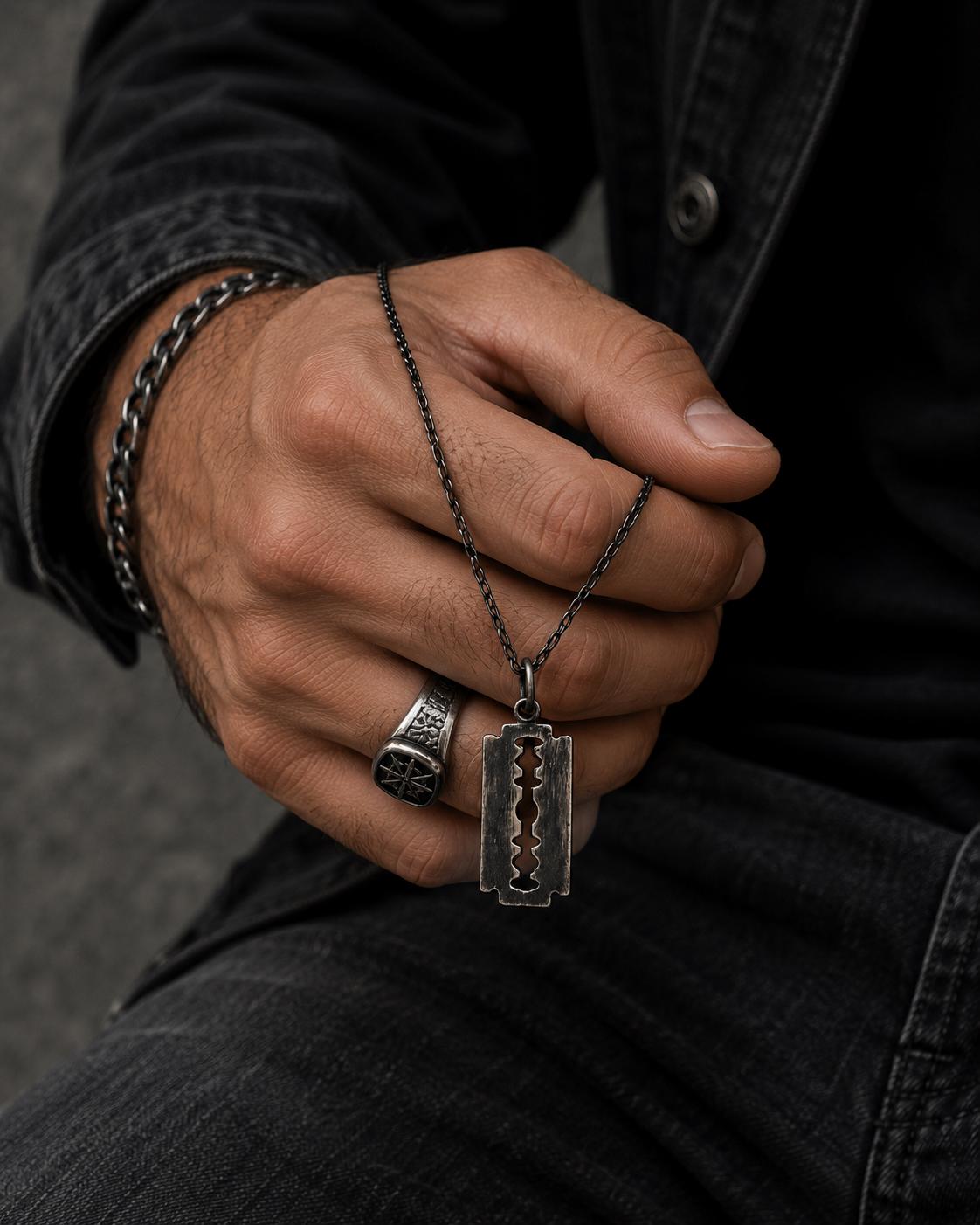 Handmade Sterling Silver Razor Blade Necklace, Oxidized Gothic Pendant, Edgy Unisex Jewelry