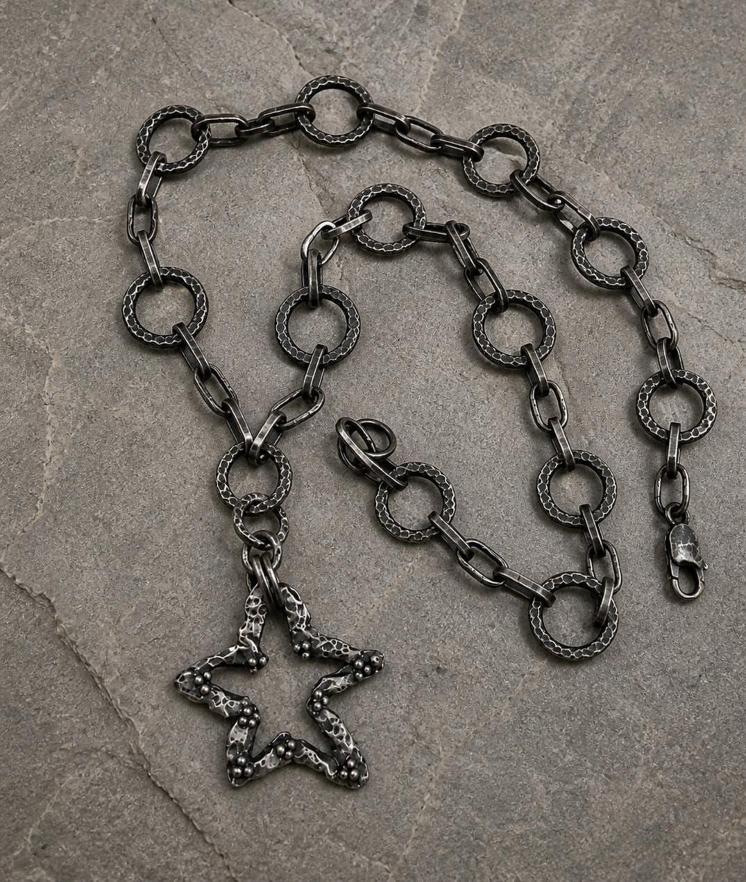 Artisan Star Necklace – Handmade 925 Sterling Pendant – Oxidized Statement Chain - Rustic silver chain