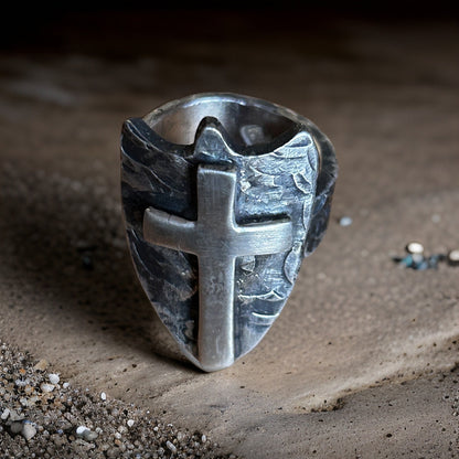 Sterling Silver Cross Shield Ring |  Oxidized Men&
