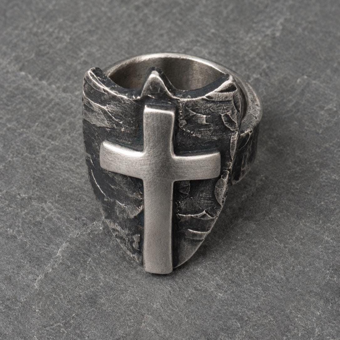 Sterling Silver Cross Shield Ring |  Oxidized Men&