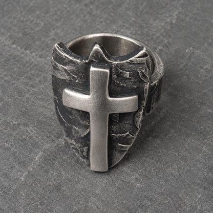 Sterling Silver Cross Shield Ring |  Oxidized Men&