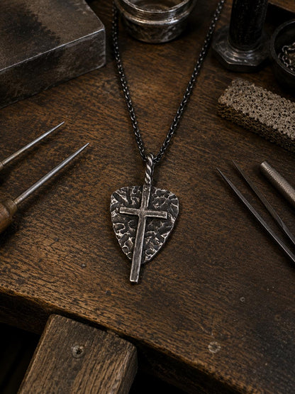 Sterling Silver Hammered Shield Cross Pendant, Oxidized Artisan Necklace for Men