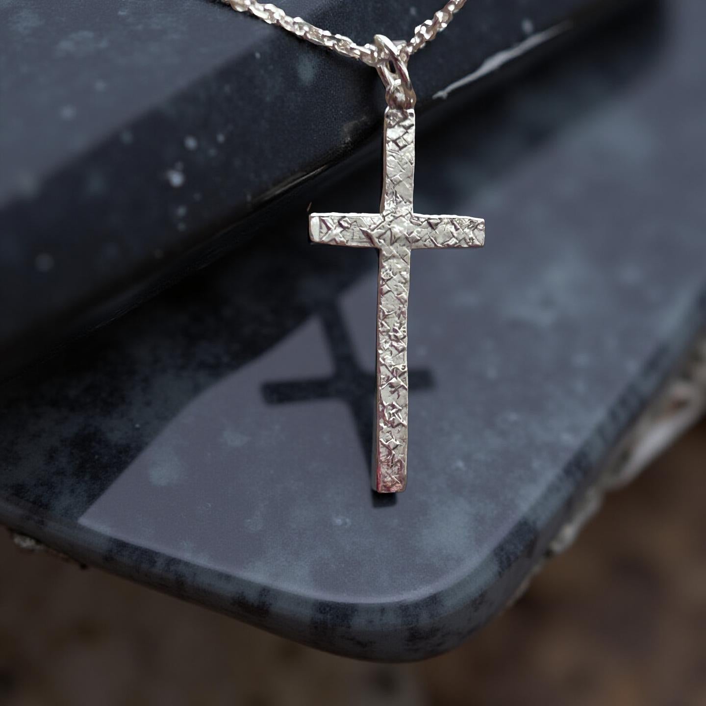 Sterling Silver Hammered Cross Pendant Necklace | Rustic Minimalist Christian Jewelry