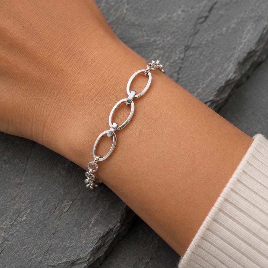 Sterling Silver Oval Link Bracelet, 7.5 Inch Women’s Silver Chain Bracelet, 925 Silver/999 silver Jewelry