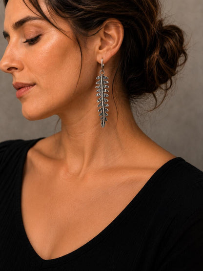 Sterling Silver Leaf Earrings | Long Botanical Dangle Jewelry, Rustic Texture