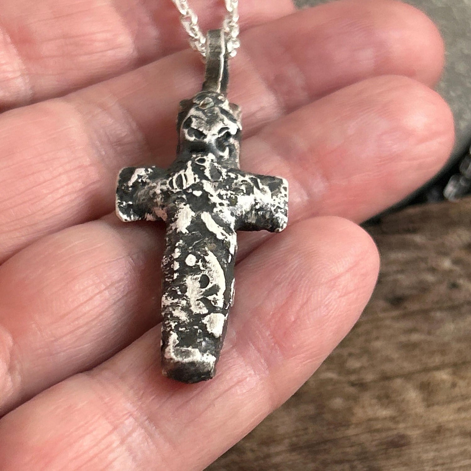 Fine Silver Cross Pendant | Rustic Oxidized Artisan Necklace, 5mm Thick