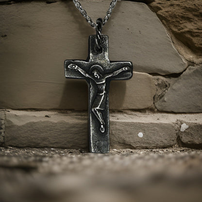 Sterling Silver Crucifix Necklace – Rustic Oxidized Cross Pendant for Men