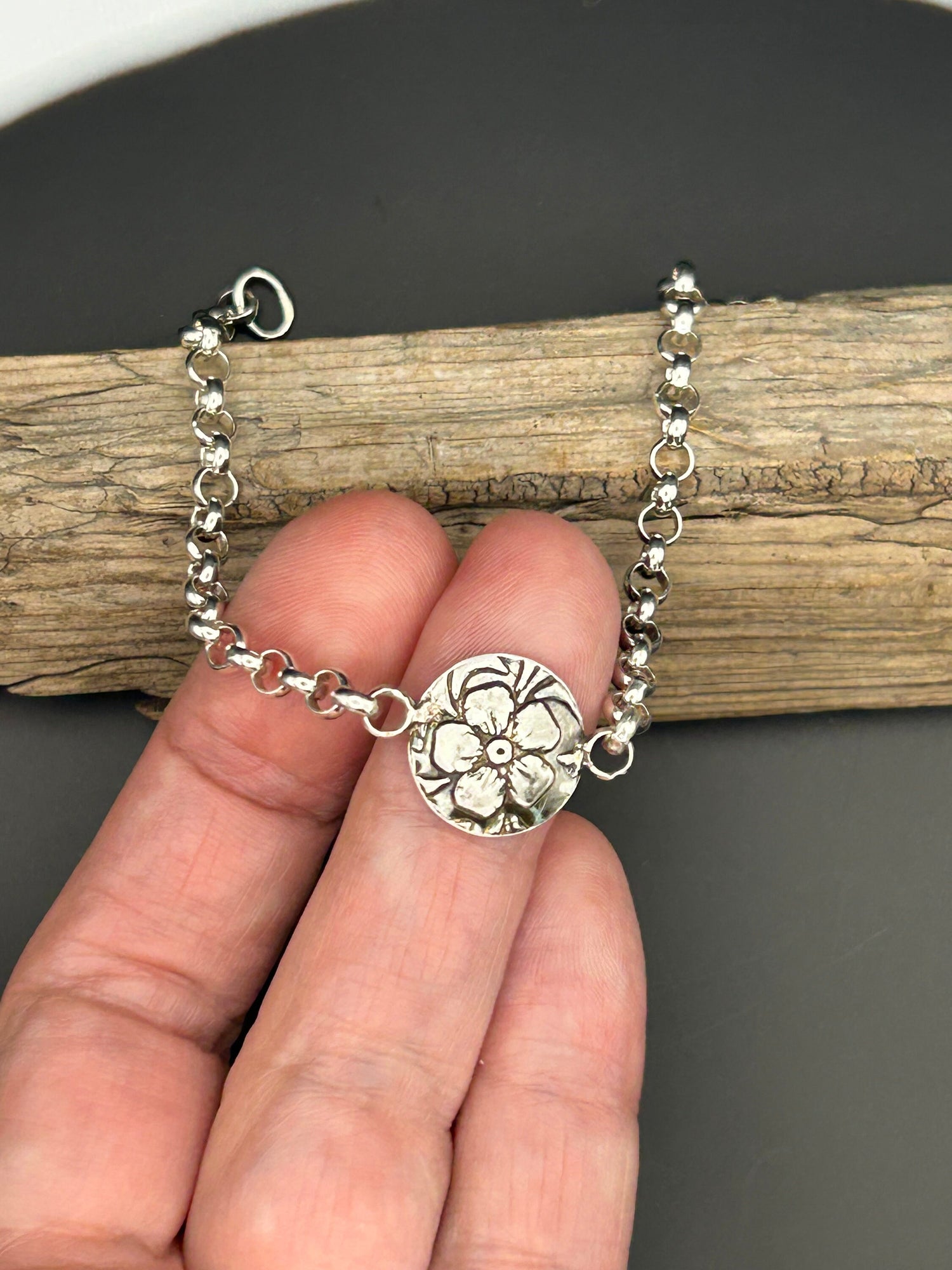 Sterling Silver Flower Charm Bracelet | Oxidized 925 Rolo Chain Jewelry
