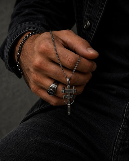 Sterling Silver Power Line Post Pendant Necklace for Men, Rustic Oxidized UJewelry