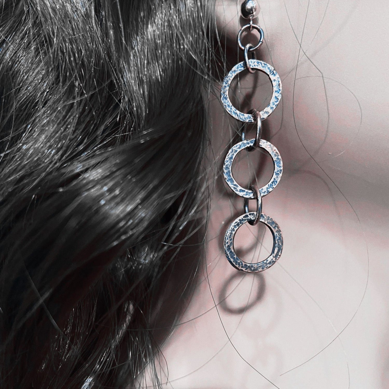 Fine Silver Dangle  Chain Earrings, Oxidized, Rustic Design