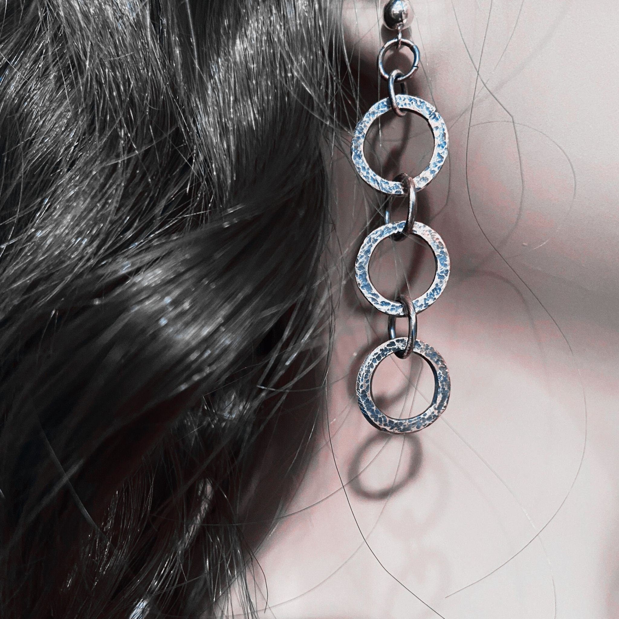 Fine Silver Dangle  Chain Earrings, Oxidized, Rustic Design