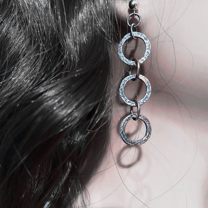 Fine Silver Dangle  Chain Earrings, Oxidized, Rustic Design