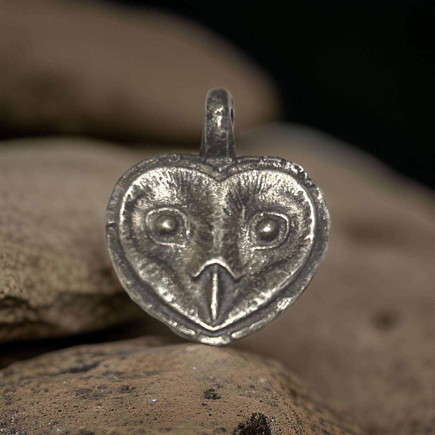 Sterling Silver Owl Pendant | Oxidized Rustic Heart Jewelry (30mm x 25mm)