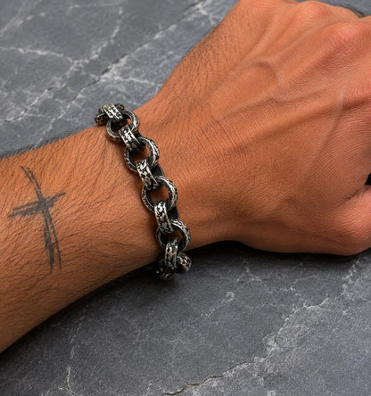 Heavy Sterling Silver Chain Bracelet, Oxidized Rustic Link Jewelry