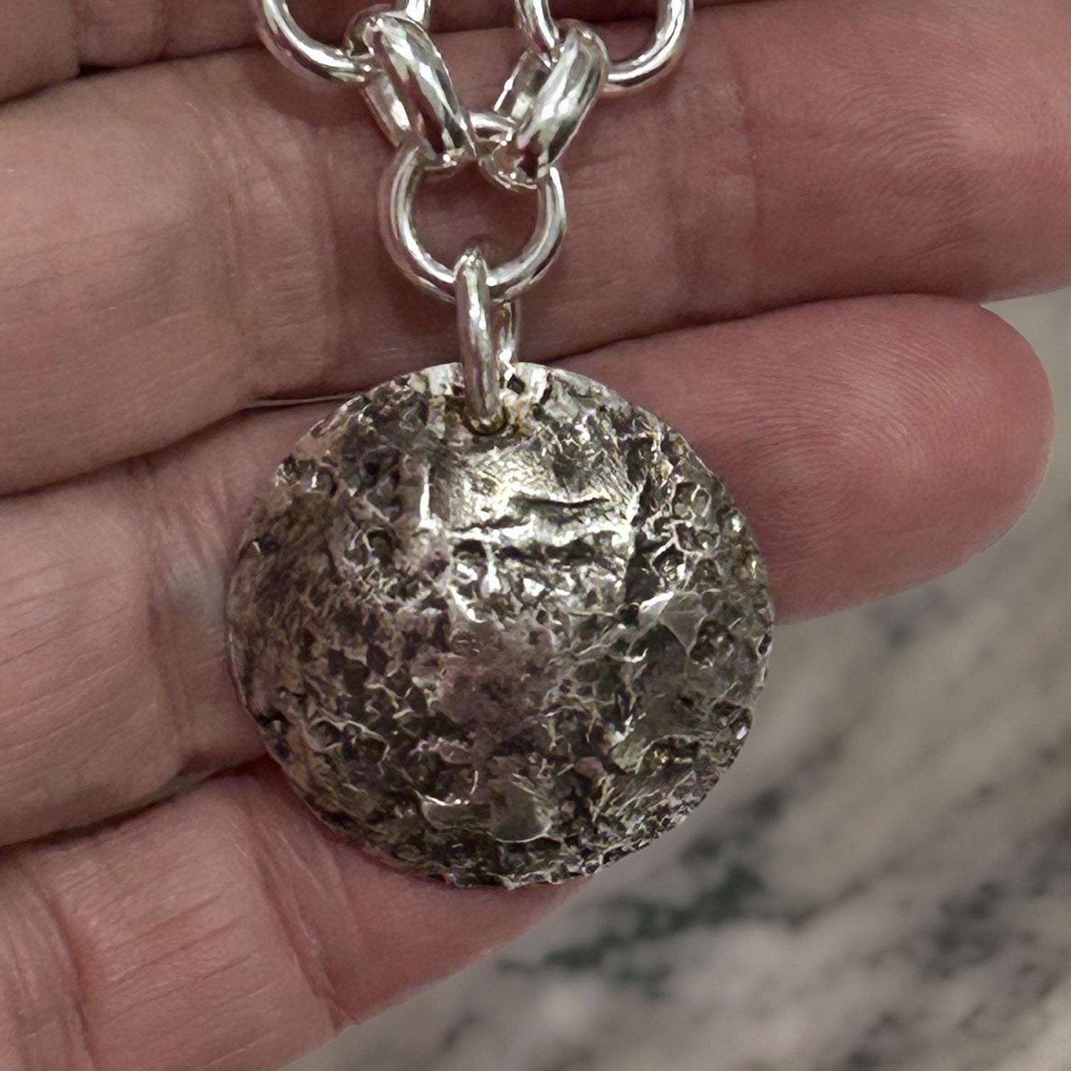 Handmade 925 Sterling Silver Moon Necklace with Oxidized Textured Pendant - Lunar Crater Design