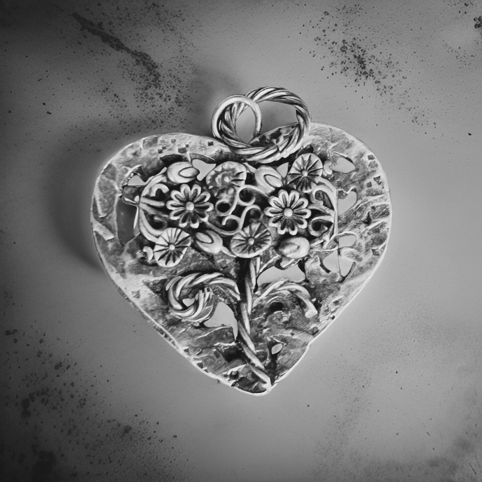 Sterling Silver Heart Pendant – Oxidized Artisan Jewelry, Flower jewelry