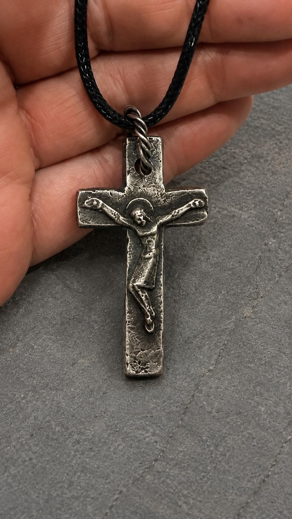 Sterling Silver Crucifix Necklace – Rustic Oxidized Cross Pendant for Men