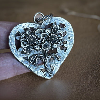 Sterling Silver Heart Pendant – Oxidized Artisan Jewelry, Flower jewelry