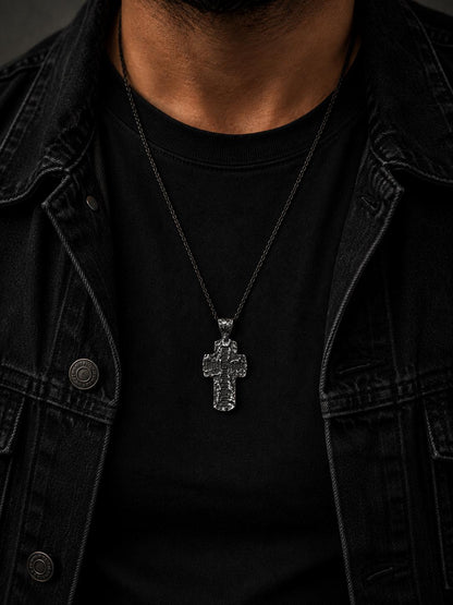 Handmade Oxidized Silver Cross Necklace, Rustic Mens Cross Pendant, Hammered Christian Cross, Gothic Religious Jewelry, Mens Gift