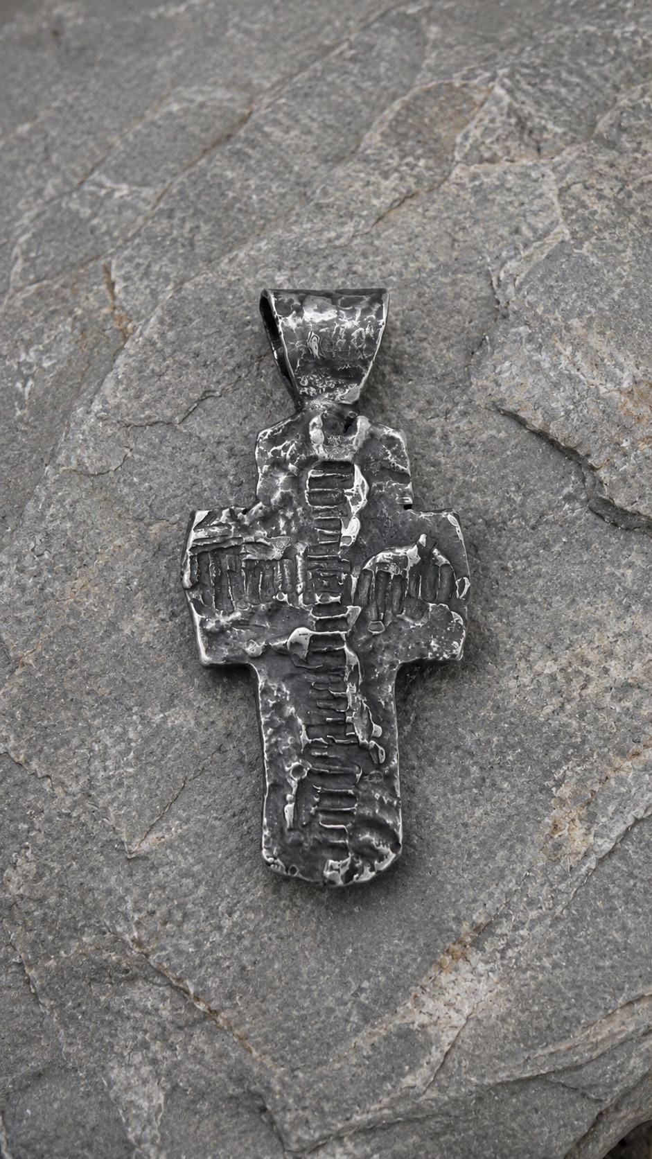 Handmade Oxidized Silver Cross Necklace, Rustic Mens Cross Pendant, Hammered Christian Cross, Gothic Religious Jewelry, Mens Gift