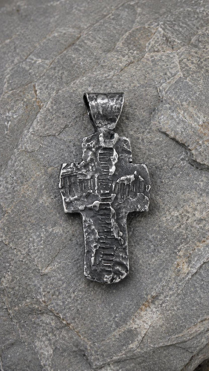 Handmade Oxidized Silver Cross Necklace, Rustic Mens Cross Pendant, Hammered Christian Cross, Gothic Religious Jewelry, Mens Gift