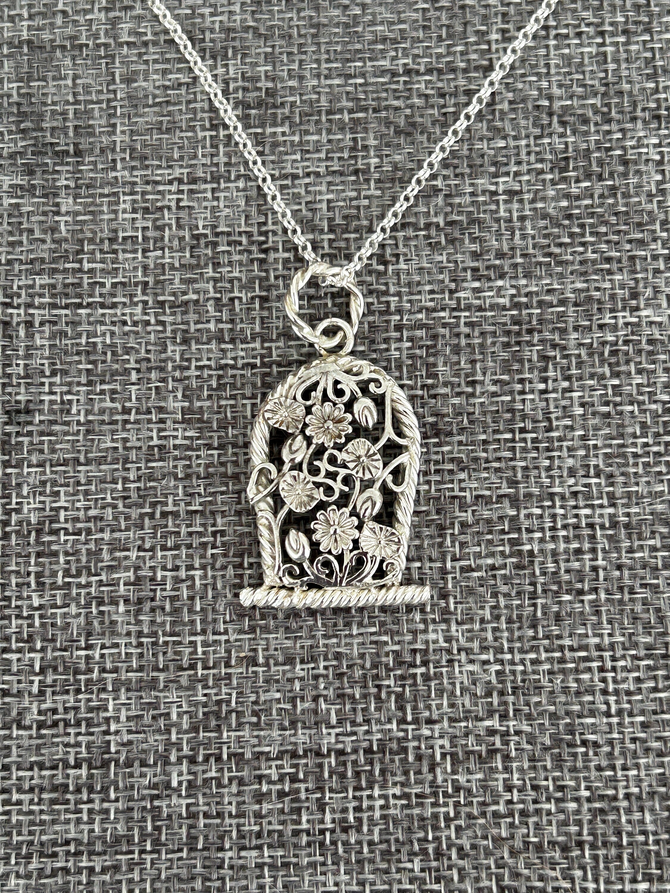 Sterling Silver Flower Basket Pendant Necklace • Floral Design • 20-inch Rolo Chain